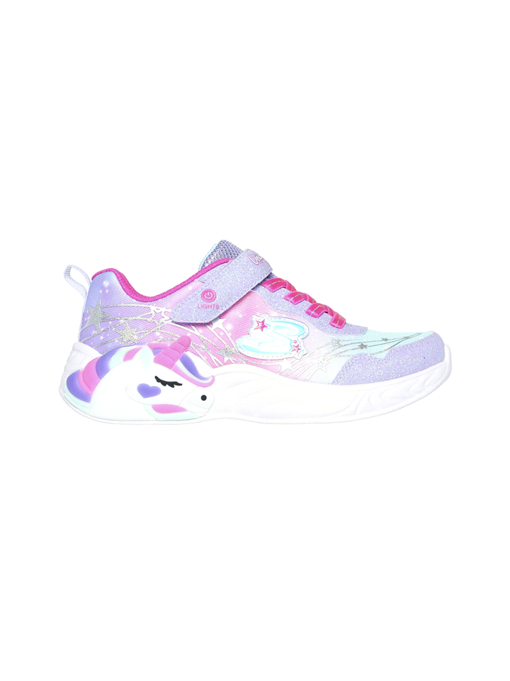 Le Skechers Unicorn Dreams, dotate di comoda soletta ammortizzata, allacciatura frontale con elastici, cinturino sul collo del piede, una suola in gomma e un