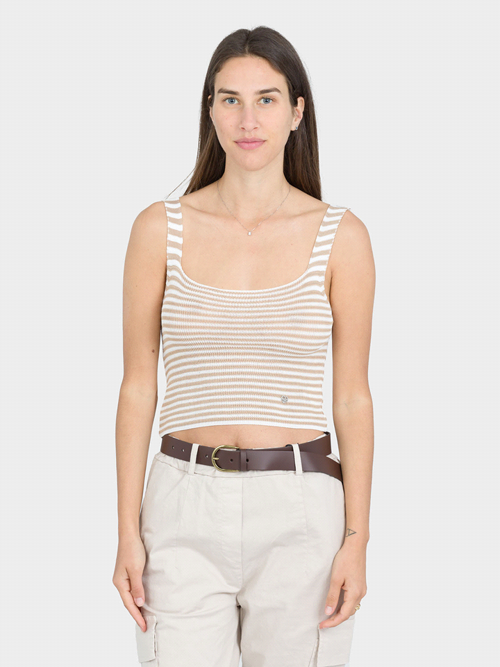 PLEASE TOP IN MAGLIA STRIPES CROP T-SHIRTERIA DONNA Bianco  ... 