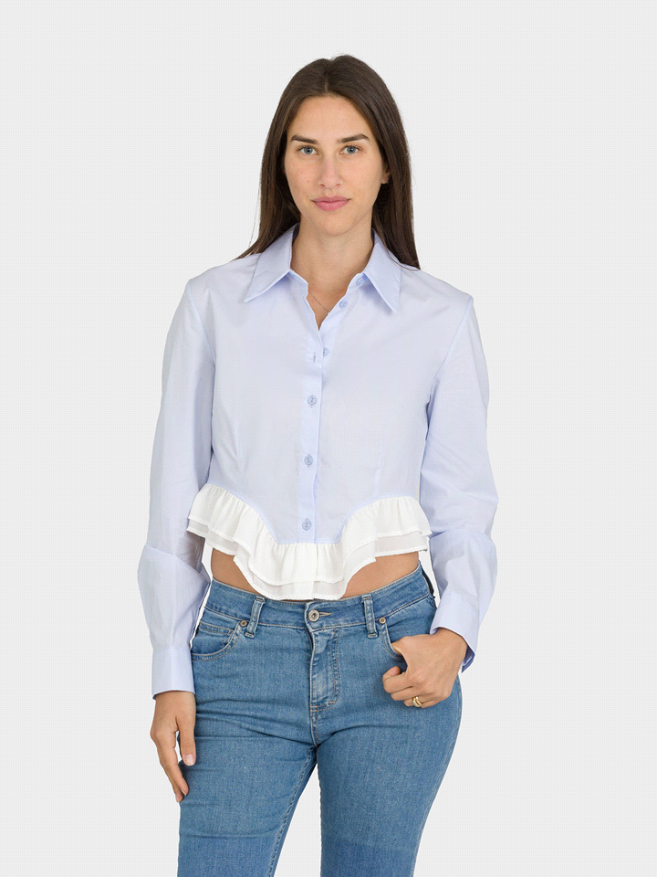 PLEASE CAMICIA CROP DOPPIO TESSUTO VOLANT CAMICIERIA DONNA Bianco  ... 