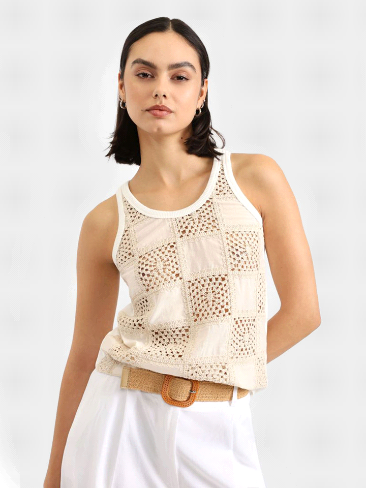 PLEASE TOP INSERTI CROCHET T-SHIRTERIA DONNA Beige  ... 