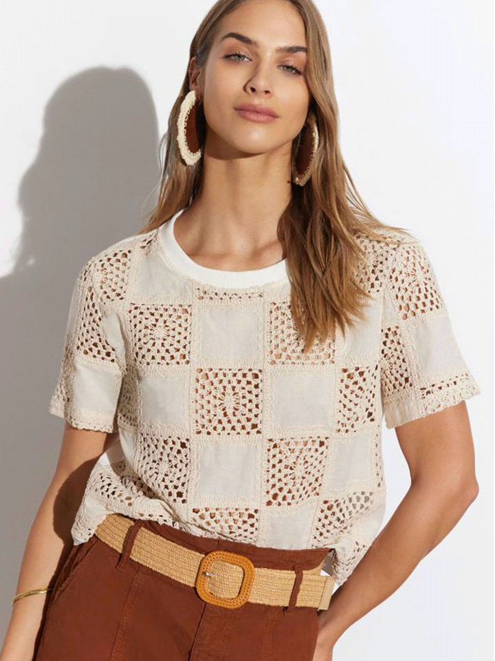 PLEASE T-SHIRT BOXY INSERTI CROCHET T-SHIRTERIA DONNA Beige  ... 